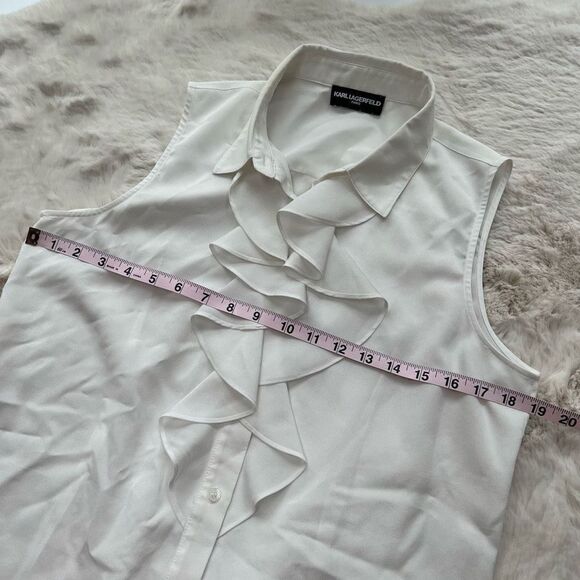 Karl Lagerfeld Top Blouse Shirt Paris Ruffle White Button Up Collared size M - Picture 10 of 10